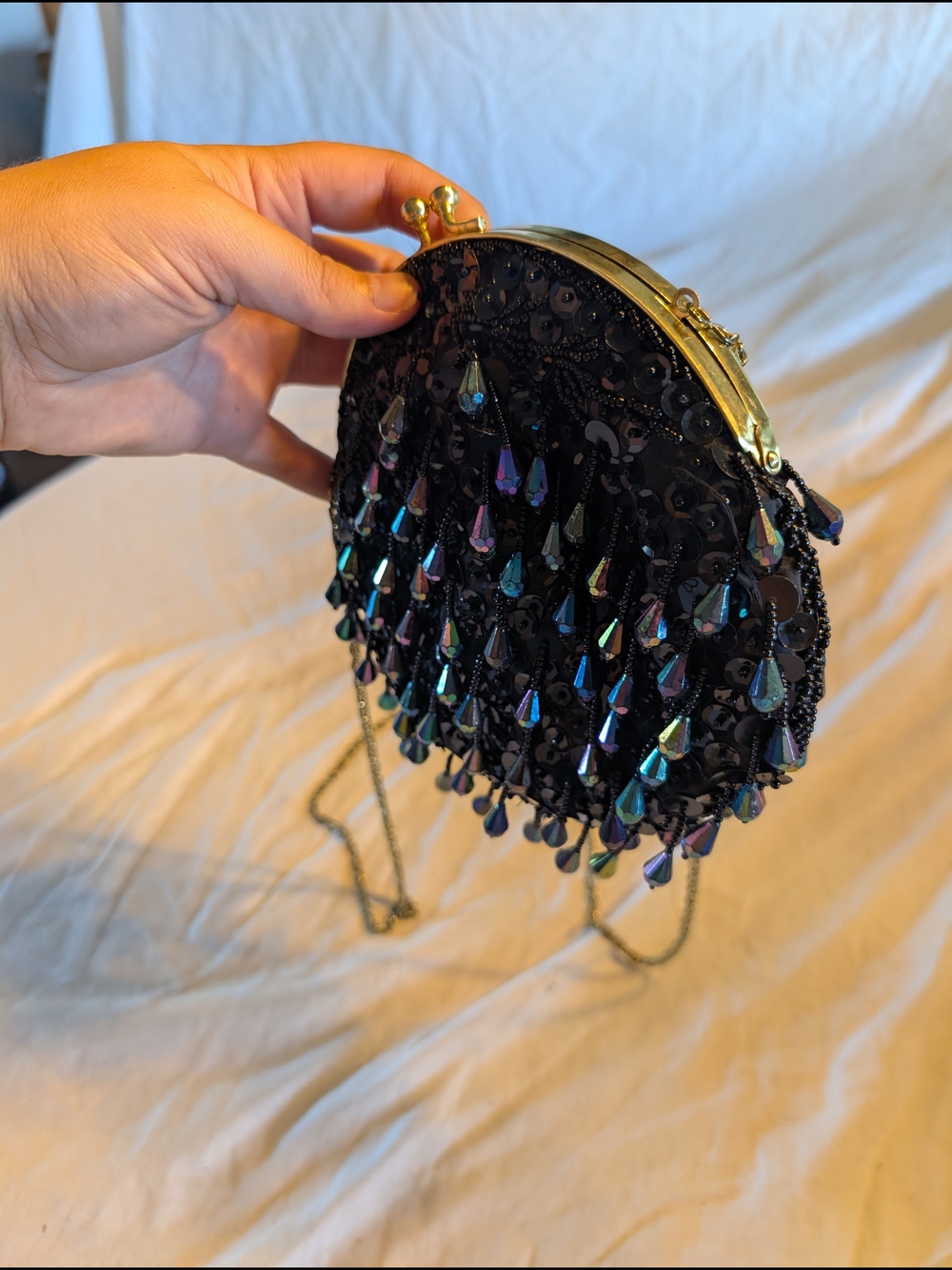 2/60$ Vintage Black Beaded Sequin Clutch with Iridescent Teardrops - Picture 2 of 7
